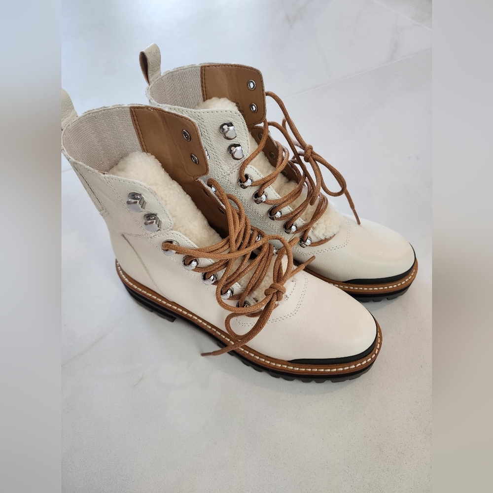 White and Tan Combat Moto Boots with Lace-Up Design